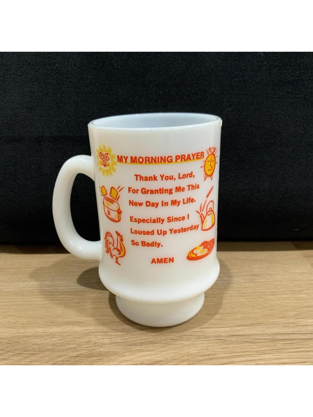 Vintage MY MORNING PRAYER White Milk Glass Pedestal Mug Diner Coffee Cup